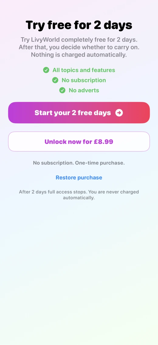 LivyWorld trial screen